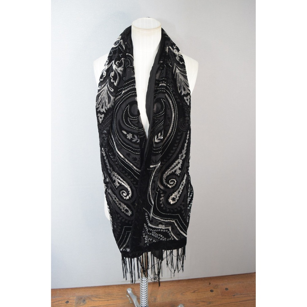 Laundry Scarf OS Black Burnout Velvet Paisley Fringe Wrap Womens Evening Shawl
